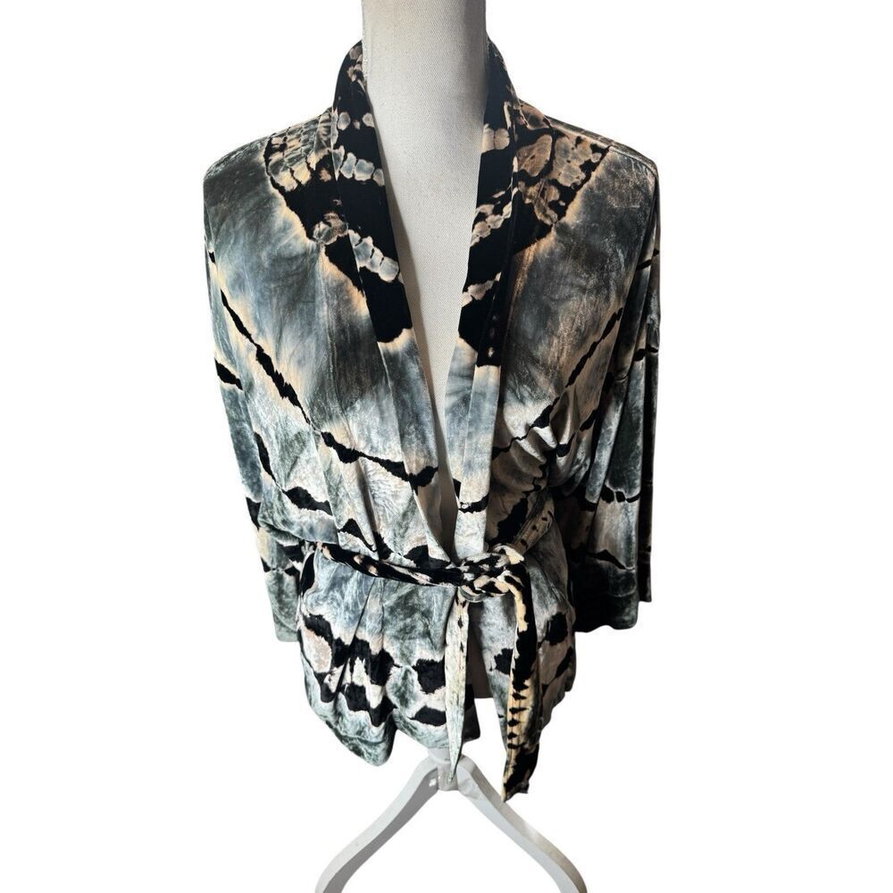 YFB Tie Dye Navy Kimono Front Tie Top Size Boho Art To Wear Velvet Wrap Sz med